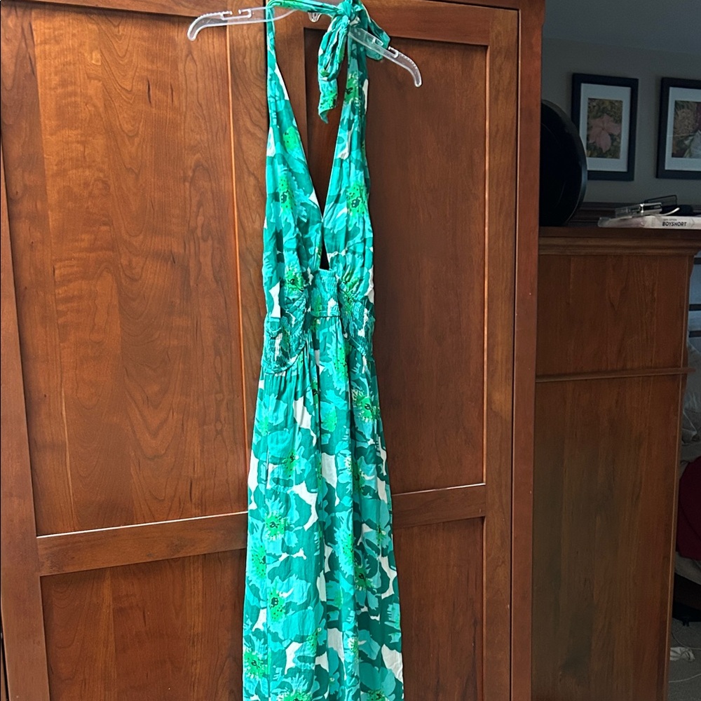 Sexy Cut-Out Green Floral Halter Maxi Dress M